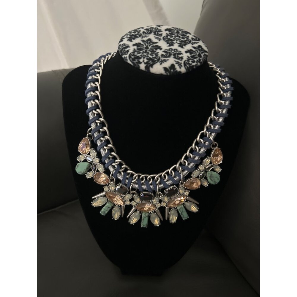 Premier Designs Offshore Necklace With Multicolor Gemstones & Blue Woven Cord